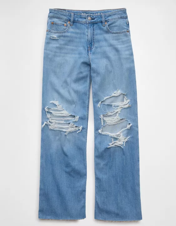 Aeo AE Dreamy Drape Stretch Ripped Low-Rise Baggy Wide-Leg Jean