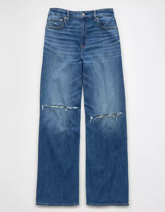 Aeo AE Dreamy Drape Stretch Ripped Super High-Waisted Baggy Wide-Leg Jean