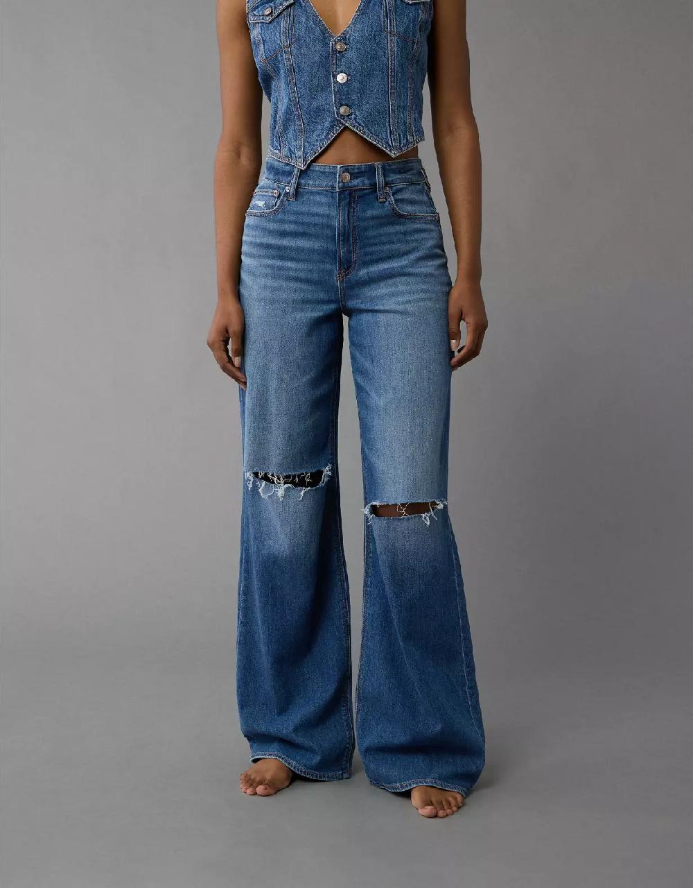 aeo AE Dreamy Drape Stretch Ripped Super High-Waisted Baggy Wide-Leg Jean