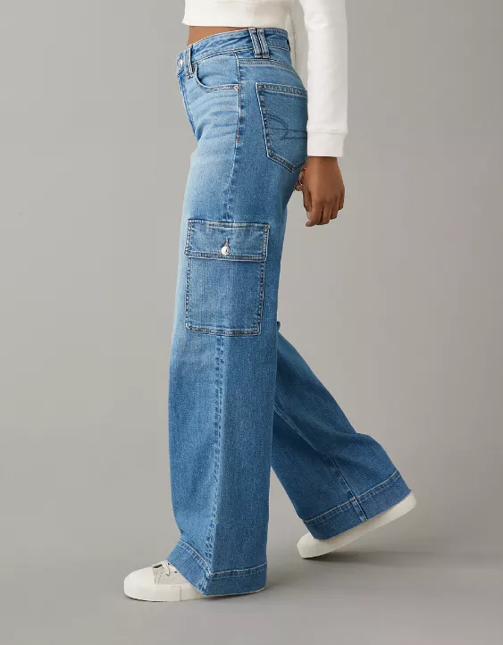 Aeo AE Dreamy Drape Stretch Super High-Waisted Cargo Baggy Wide-Leg Jean