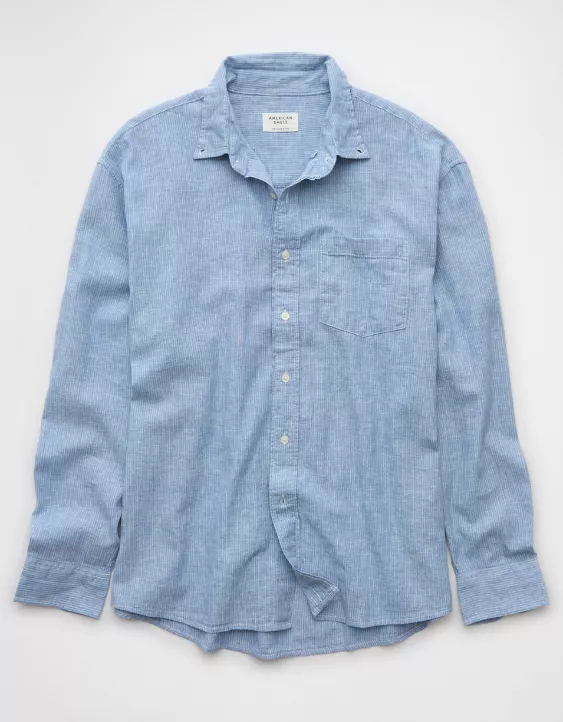 Aeo AE Everyday Relaxed Fit Linen-Blend Plaid Button-Up Shirt