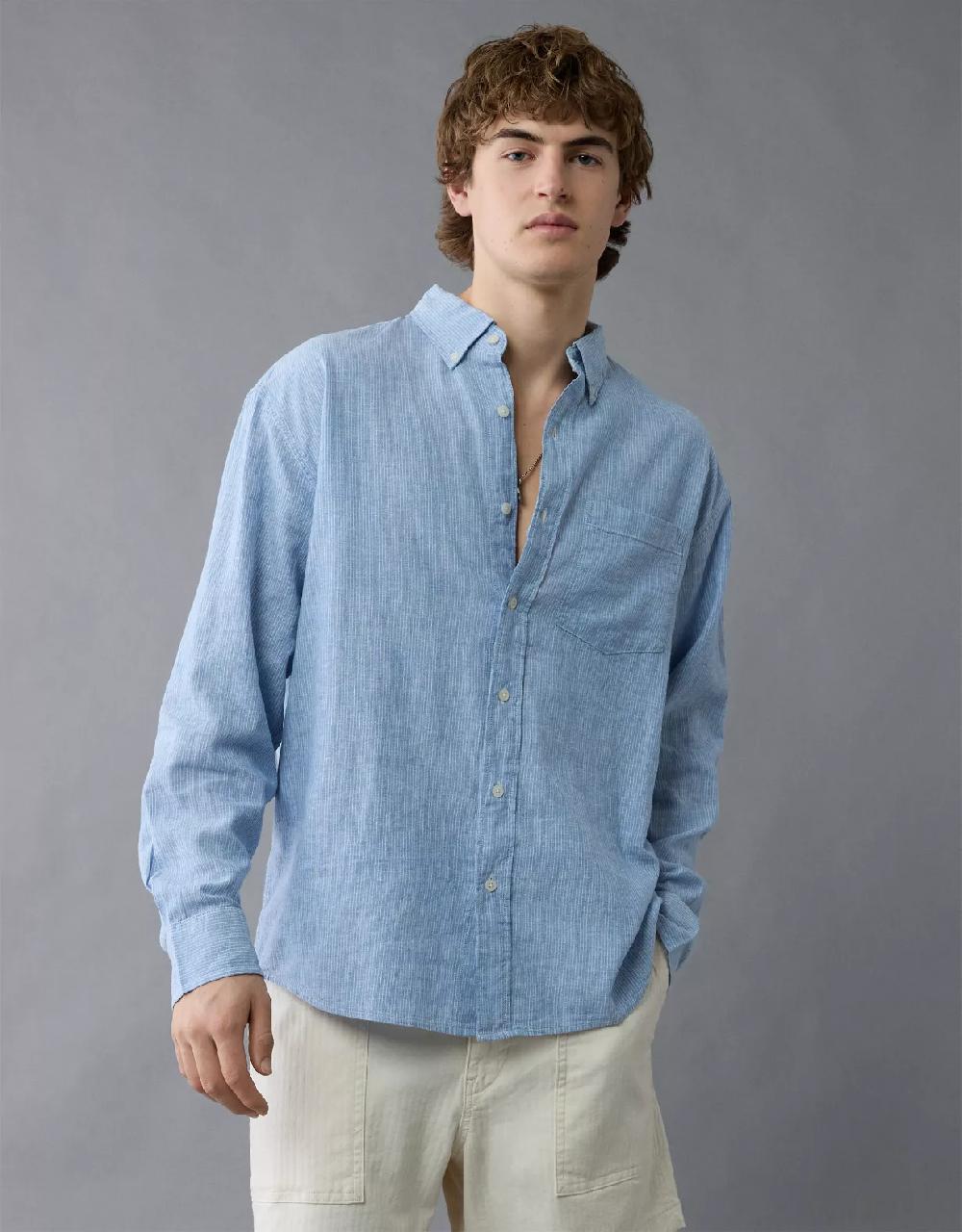 aeo AE Everyday Relaxed Fit Linen-Blend Plaid Button-Up Shirt