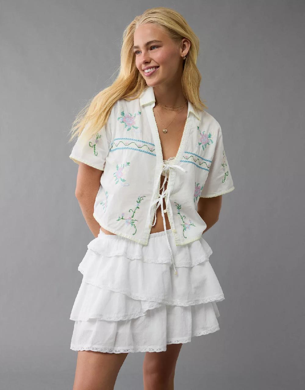 aeo AE High-Waisted Asymmetrical Tiered Ruffle Mini Skirt