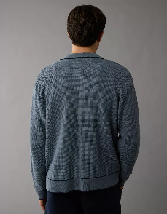 Aeo AE Long-Sleeve Tipped Waffle Sweater Polo Shirt
