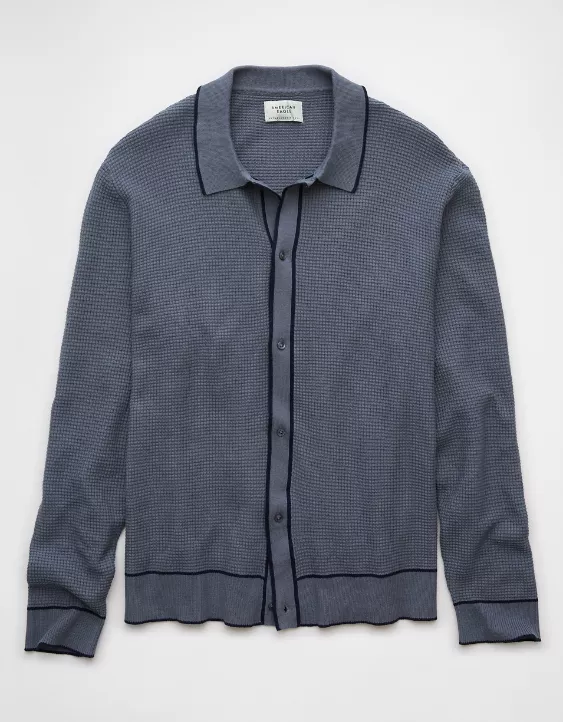 Aeo AE Long-Sleeve Tipped Waffle Sweater Polo Shirt