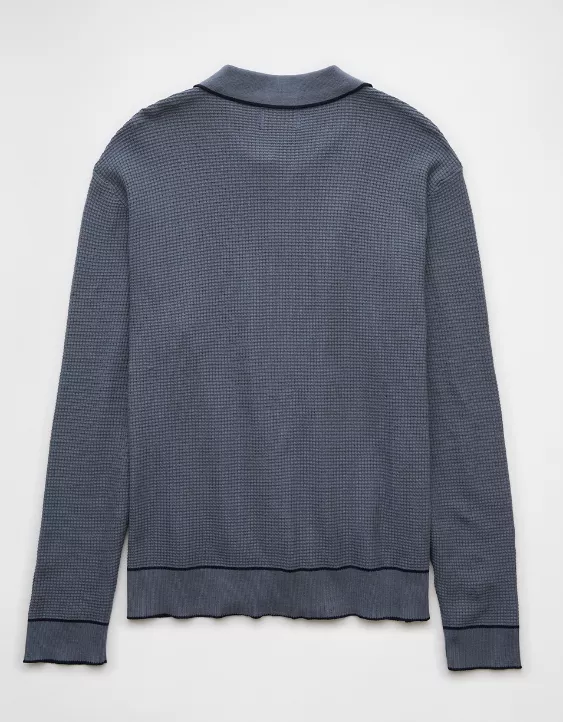 Aeo AE Long-Sleeve Tipped Waffle Sweater Polo Shirt