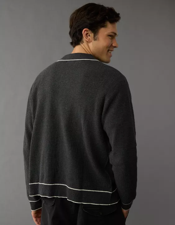 Aeo AE Long-Sleeve Tipped Waffle Sweater Polo Shirt