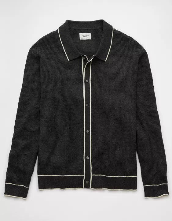 Aeo AE Long-Sleeve Tipped Waffle Sweater Polo Shirt