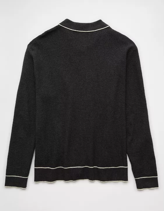 Aeo AE Long-Sleeve Tipped Waffle Sweater Polo Shirt