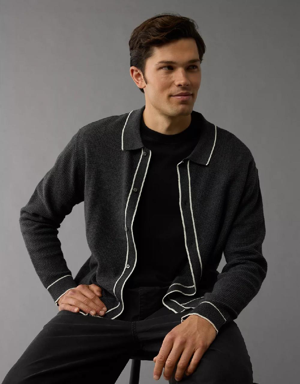 aeo AE Long-Sleeve Tipped Waffle Sweater Polo Shirt