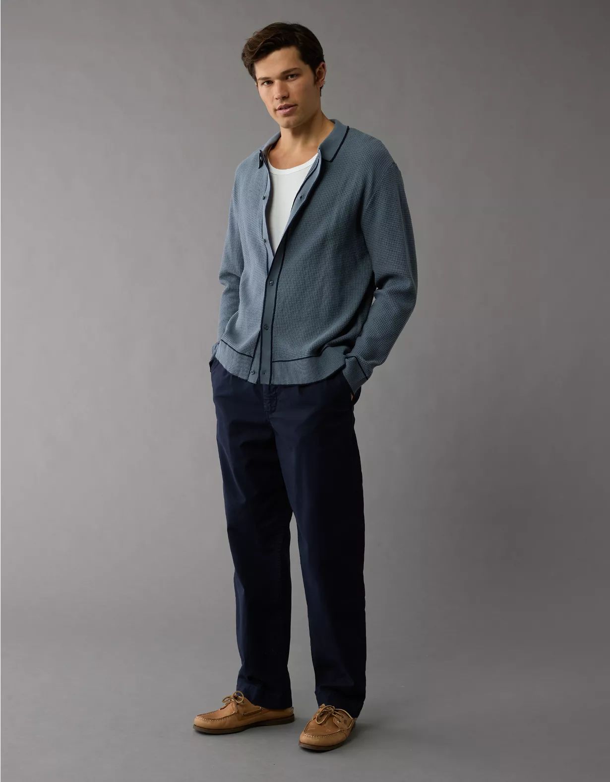 aeo AE Long-Sleeve Tipped Waffle Sweater Polo Shirt