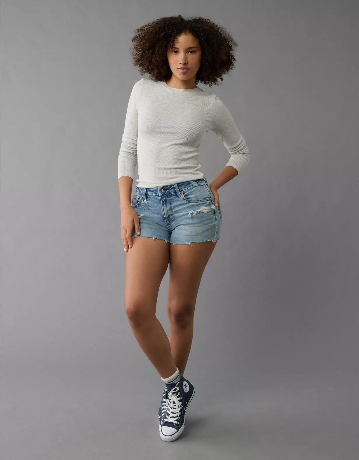aeo AE Next Level Curvy Ripped High-Waisted Denim Short Short