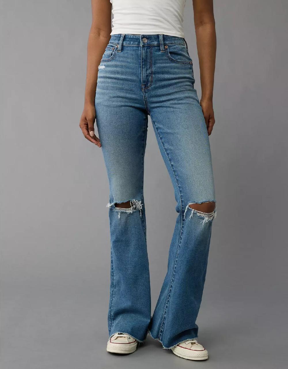 aeo AE Next Level Super High-Waisted Ripped Flare Jean