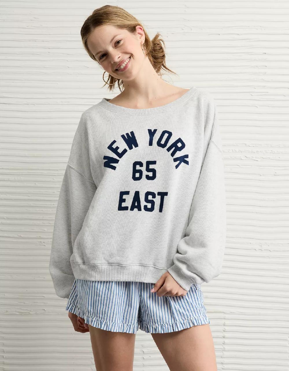 aeo AE Off The Shoulder Destination Graphic Sweatshirt