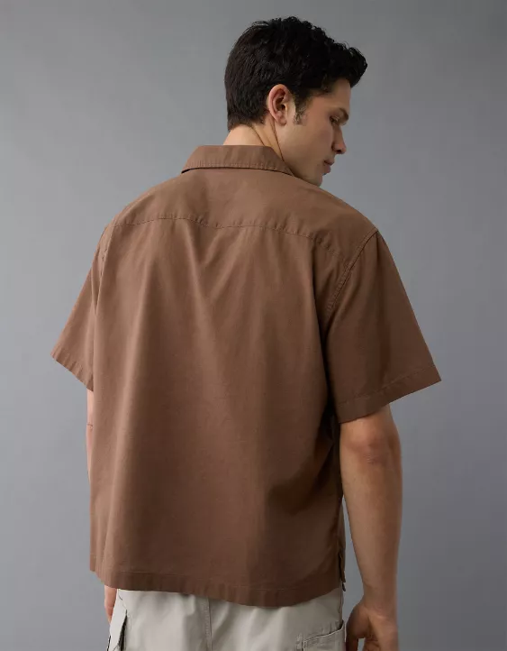 Aeo AE Poolside Linen-Blend Embroidered Button-Up Shirt