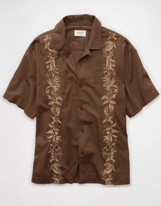 Aeo AE Poolside Linen-Blend Embroidered Button-Up Shirt