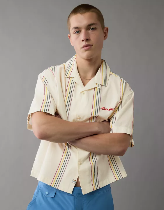 Aeo AE Pride Poolside Embroidered Striped Button-Up Shirt