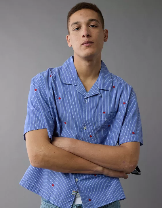 Aeo AE Pride Poolside Embroidered Striped Button-Up Shirt