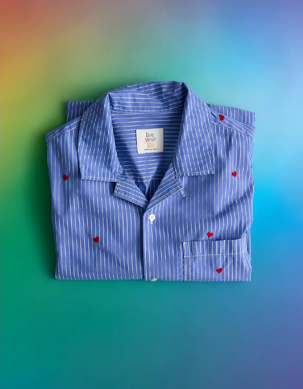 aeo AE Pride Poolside Embroidered Striped Button-Up Shirt