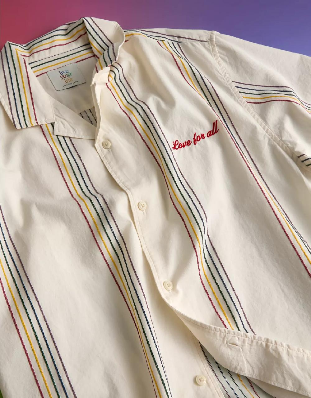 aeo AE Pride Poolside Embroidered Striped Button-Up Shirt