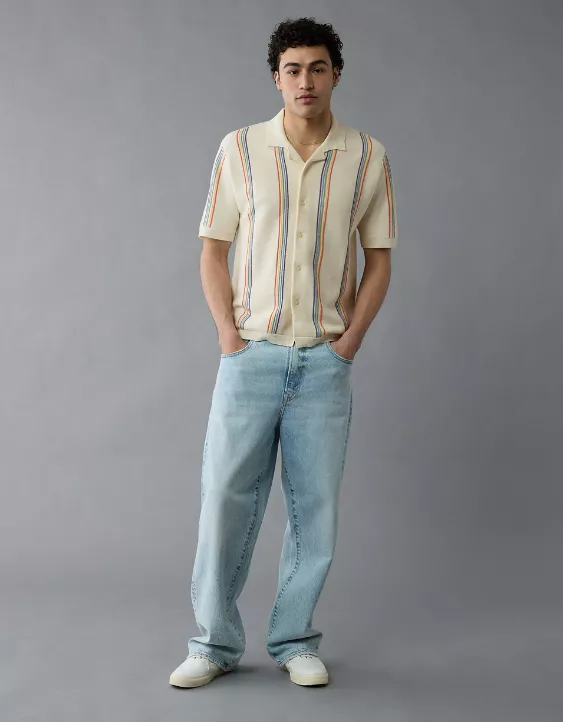 Aeo AE Pride Weekend Striped Button-Up Sweater Polo Shirt