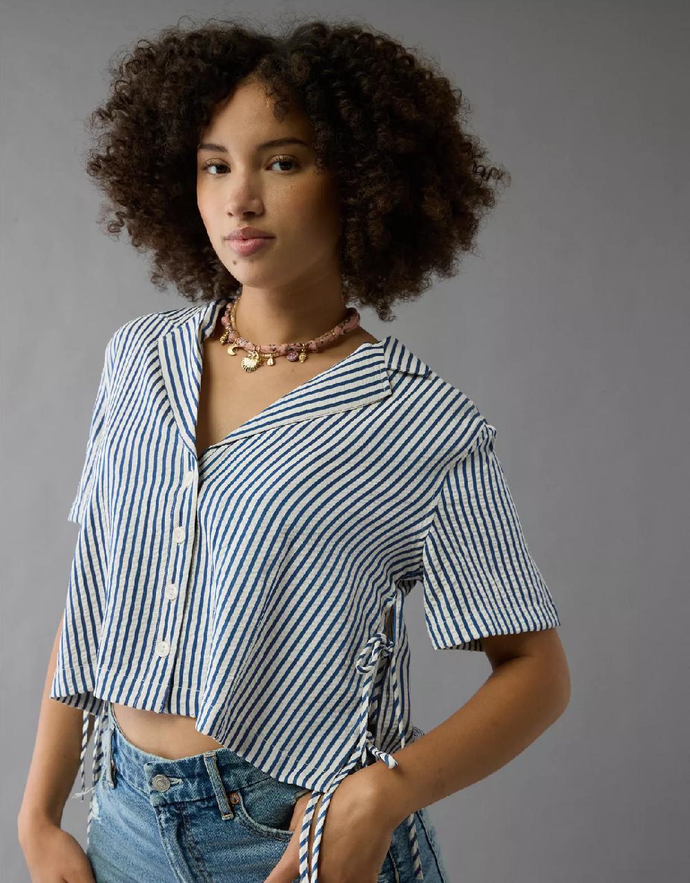 aeo AE Short-Sleeve Tie Side Seersucker Button-Up Shirt