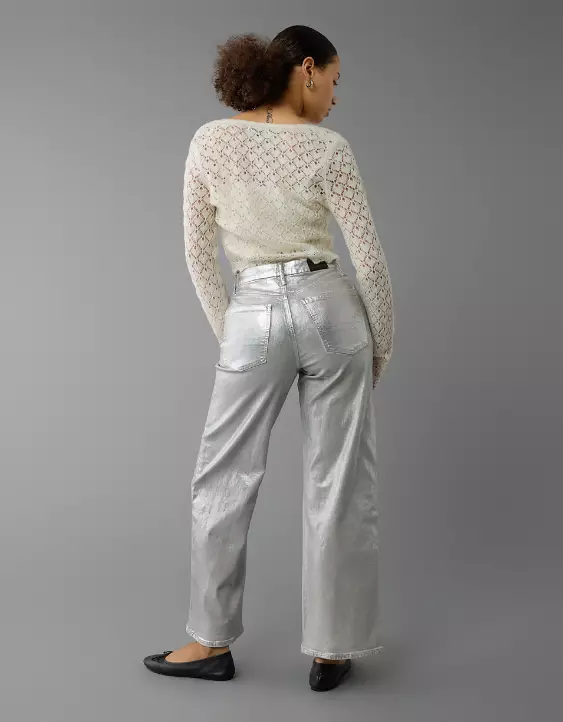 Aeo AE Stretch Curvy Metallic Super High-Waisted Baggy Straight Jean