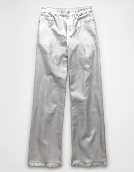 Aeo AE Stretch Curvy Metallic Super High-Waisted Baggy Straight Jean