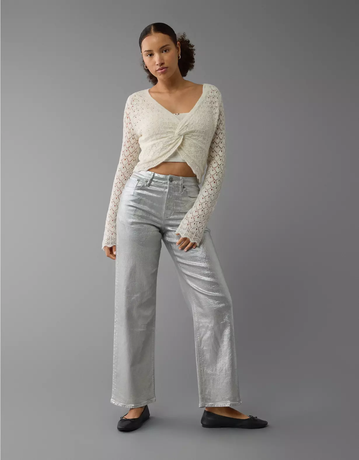 aeo AE Stretch Curvy Metallic Super High-Waisted Baggy Straight Jean