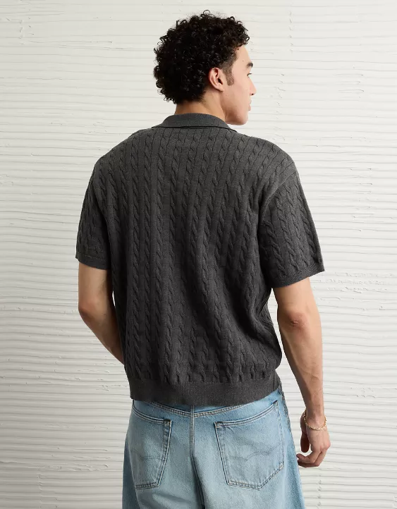 Aeo AE Weekend Cable Knit Button-Up Sweater Polo Shirt
