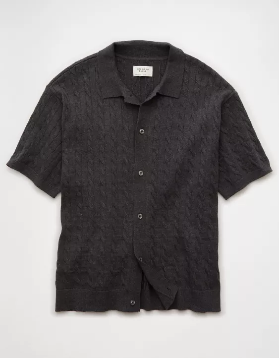 Aeo AE Weekend Cable Knit Button-Up Sweater Polo Shirt