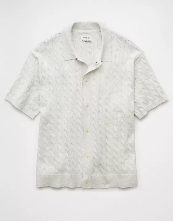 Aeo AE Weekend Cable Knit Button-Up Sweater Polo Shirt