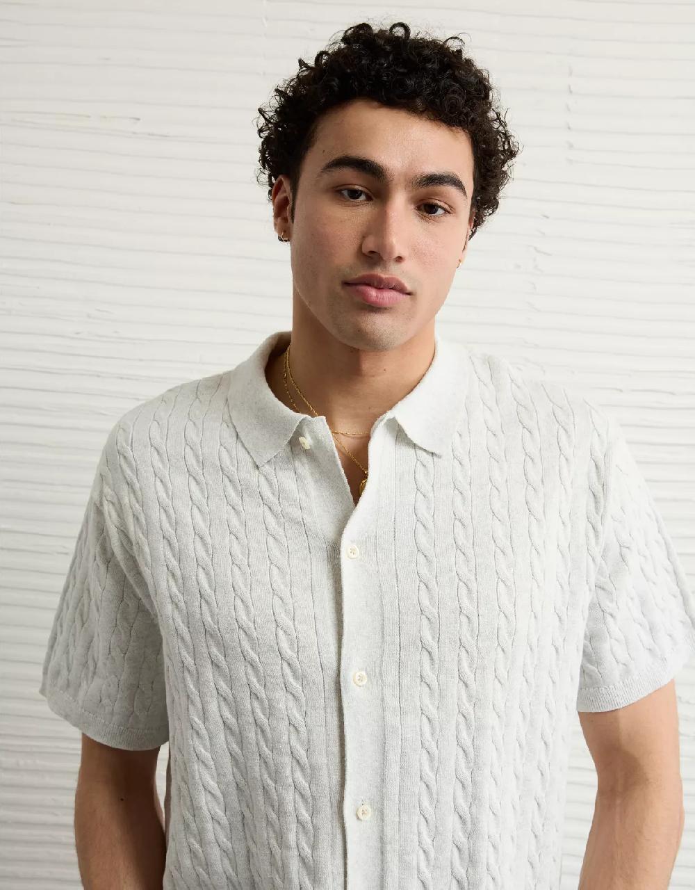 aeo AE Weekend Cable Knit Button-Up Sweater Polo Shirt