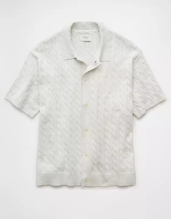 Aeo AE Weekend Cable Knit Button-Up Sweater Polo Shirt