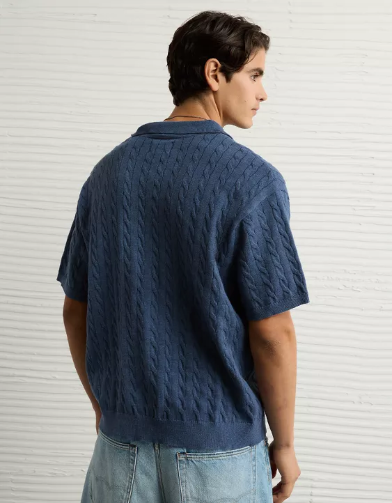Aeo AE Weekend Cable Knit Button-Up Sweater Polo Shirt