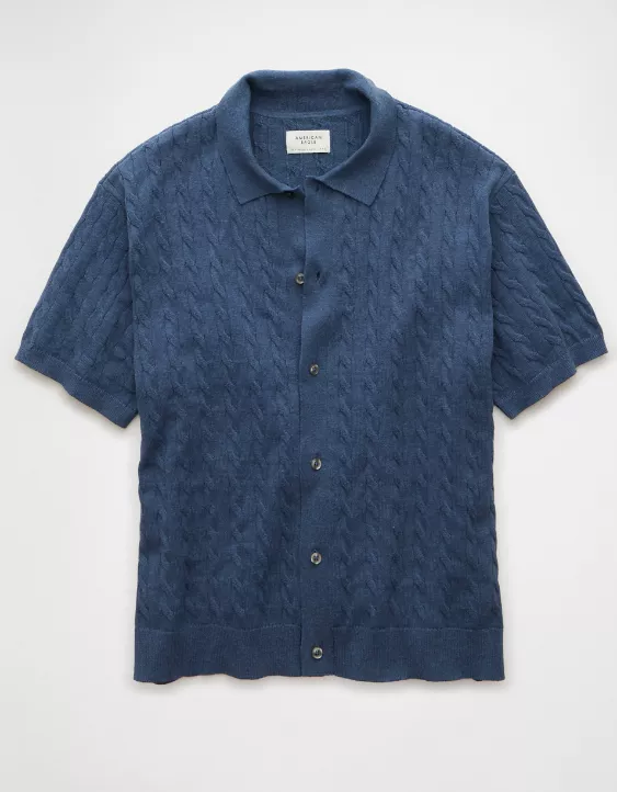 Aeo AE Weekend Cable Knit Button-Up Sweater Polo Shirt