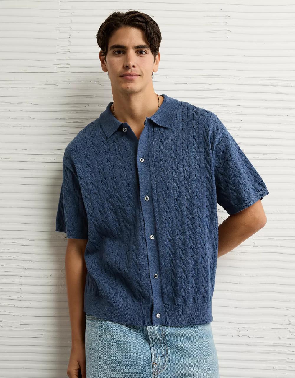 aeo AE Weekend Cable Knit Button-Up Sweater Polo Shirt