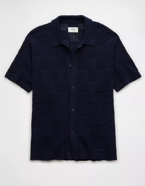 Aeo AE Weekend Checkerboard Button-Up Sweater Polo Shirt