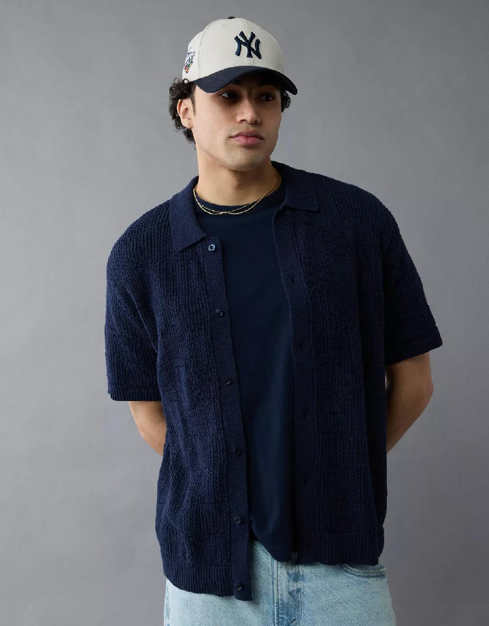 aeo AE Weekend Checkerboard Button-Up Sweater Polo Shirt