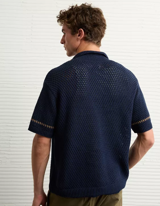 Aeo AE Weekend Crochet Button-Up Sweater Polo Shirt