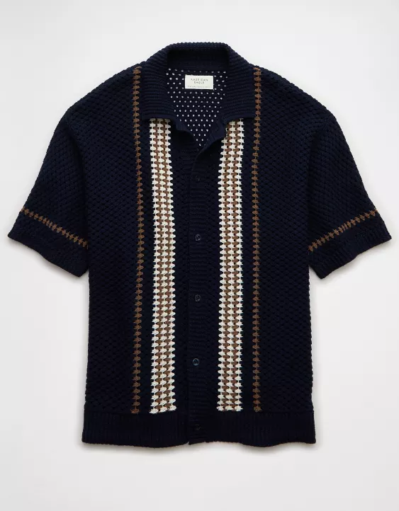 Aeo AE Weekend Crochet Button-Up Sweater Polo Shirt