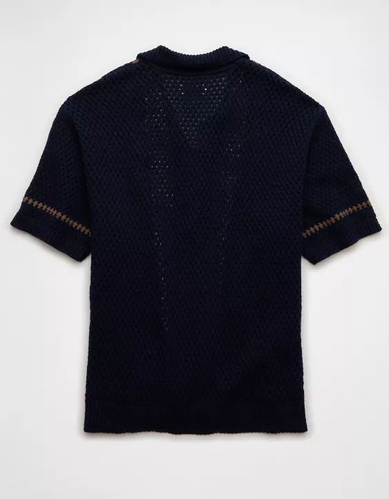 Aeo AE Weekend Crochet Button-Up Sweater Polo Shirt