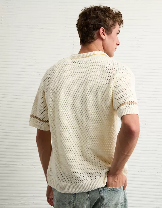 Aeo AE Weekend Crochet Button-Up Sweater Polo Shirt