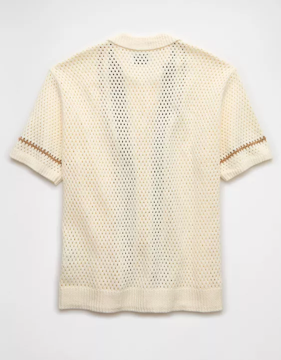 Aeo AE Weekend Crochet Button-Up Sweater Polo Shirt