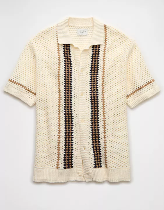Aeo AE Weekend Crochet Button-Up Sweater Polo Shirt