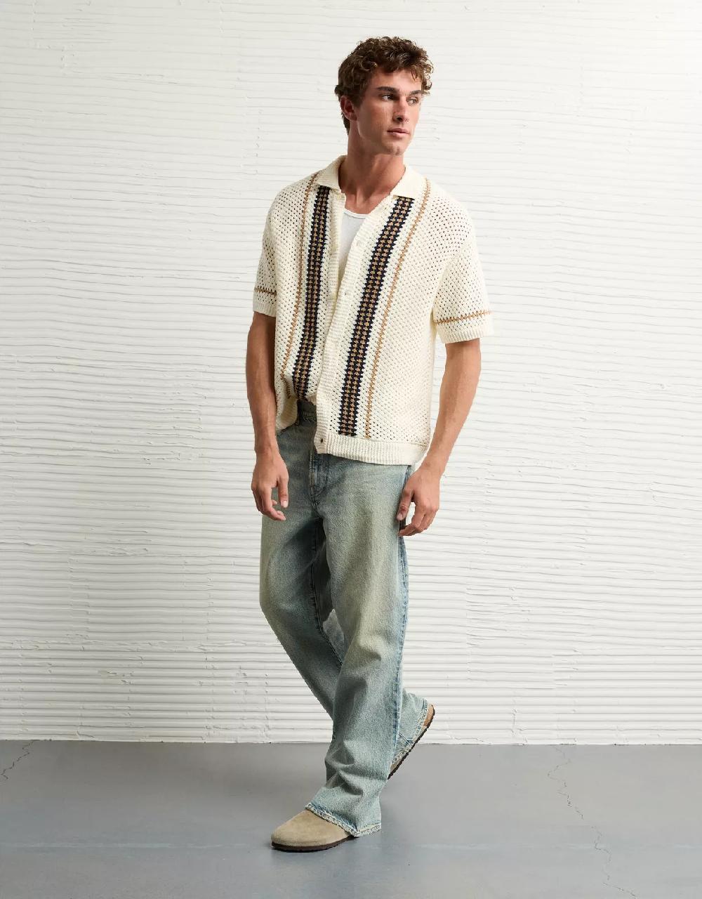 aeo AE Weekend Crochet Button-Up Sweater Polo Shirt