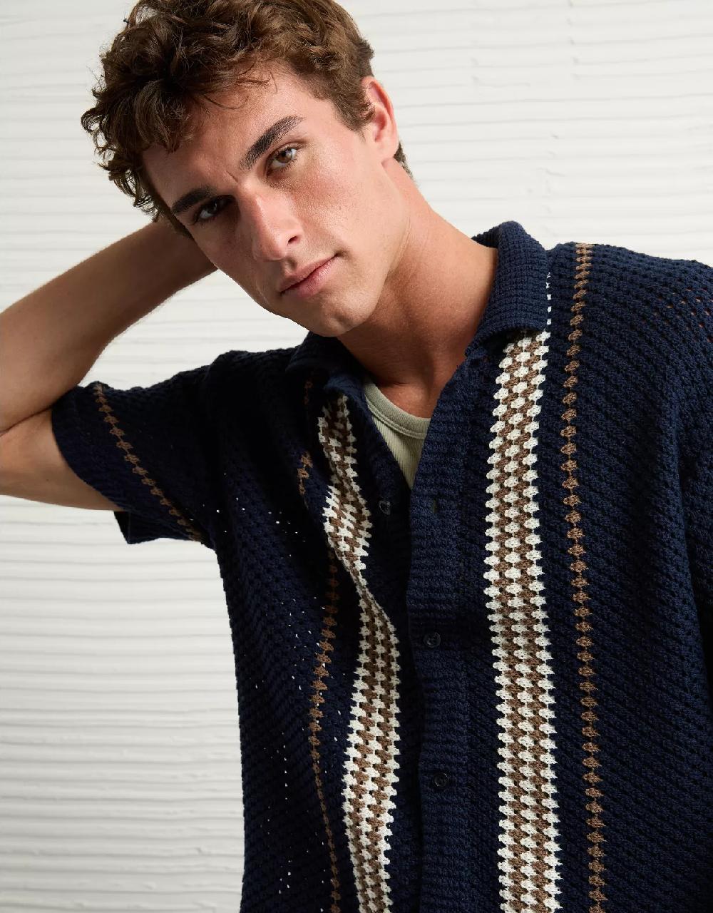 aeo AE Weekend Crochet Button-Up Sweater Polo Shirt