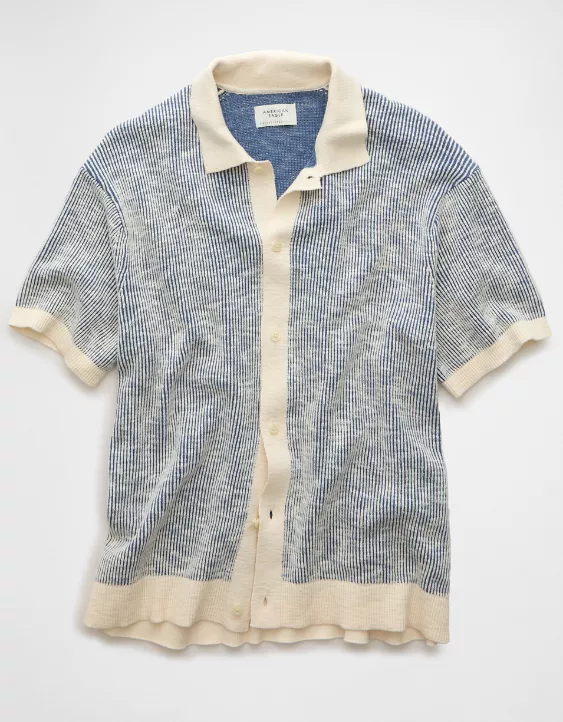 Aeo AE Weekend Striped Button-Up Sweater Polo Shirt