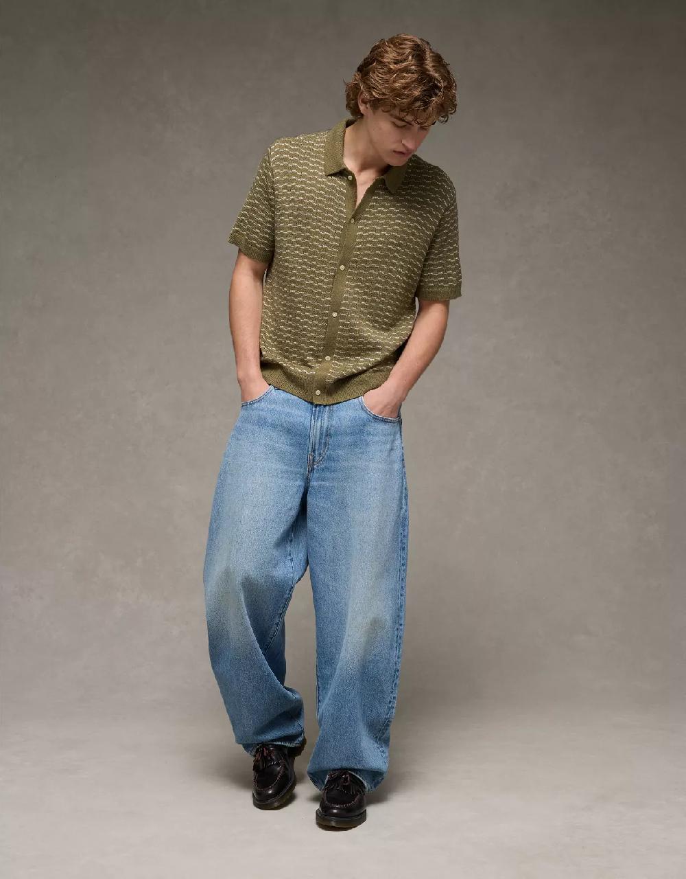 aeo AE Weekend Striped Button-Up Sweater Polo Shirt