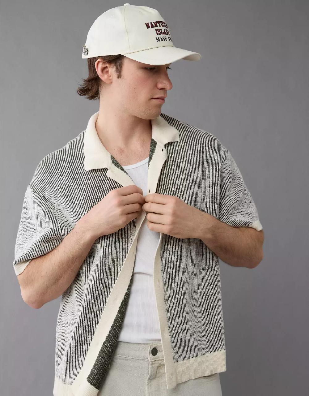 aeo AE Weekend Striped Button-Up Sweater Polo Shirt